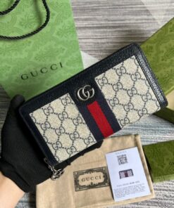 Gucci Ophidia GG Zip-Around Wallet in Beige with Red and Dark Blue Stripes and Silver Hardware for Men 8 in/19 cm