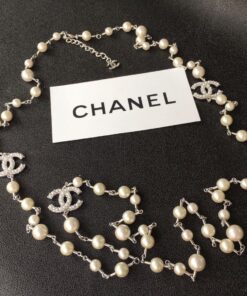 Chanel Double-CC Pearl Long Necklace Silver Hardware For Women - Image 8