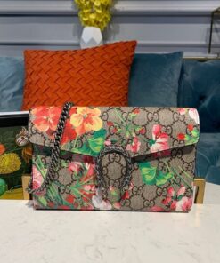 Gucci GG Supreme Blooms Dionysus Wallet On Chain Crossbody Bag 8in/ 20cm Multicolor Antiqued Silver Hardware For Women