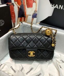 Chanel Flap Bag With CC Ball On Strap Mini Crossbody 7.8in/ 20cm Black Gold Hardware For Women AS1787