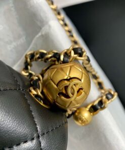 Chanel Flap Bag With CC Ball On Strap Mini Crossbody 7.8in/ 20cm Black Gold Hardware For Women AS1787 - Image 3