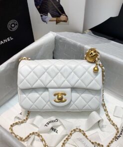 Chanel Flap Bag With CC Ball On Strap White For Women, Women’s Handbags, Shoulder And Crossbody Bags 7.8in/20cm AS1787