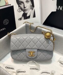 Chanel Flap Bag With CC Ball On Strap Mini Crossbody 7.8in/ 20cm Grey Gold Hardware For Women AS1787