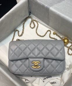 Chanel Flap Bag With CC Ball On Strap Mini Crossbody 7.8in/ 20cm Grey Gold Hardware For Women AS1787 - Image 3