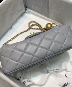 Chanel Flap Bag With CC Ball On Strap Mini Crossbody 7.8in/ 20cm Grey Gold Hardware For Women AS1787 - Image 8