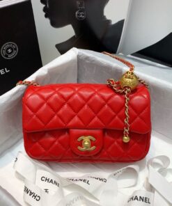 Chanel Flap Bag With CC Ball On Strap Mini Crossbody 7.8in/ 20cm Red Gold Hardware For Women AS1787