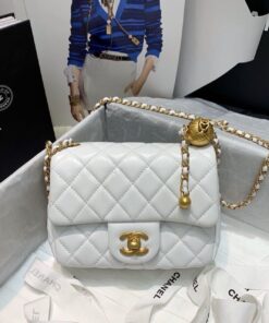 Chanel Flap Bag With CC Ball On Strap Mini Crossbody 6.6in/ 17cm White Gold Hardware For Women AS1786