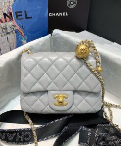 Chanel Classic Flap Bag With Charm Chain Mini Crossbody 7in/ 17cm Grey Gold Hardware For Women