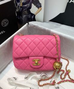 Chanel Flap Bag With CC Ball On Strap Mini Crossbody 6.6in/ 17cm Pink Gold Hardware For Women AS1786