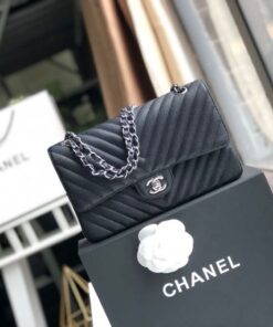 Chanel Chevron Classic Medium Crossbody Bag 10in/ 25.5cm Black Silver Hardware For Women