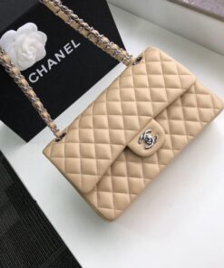 Chanel Classic Double Flap Bag Medium Crossbody 10in/ 25.5cm Beige Silver Hardware For Women - Image 3