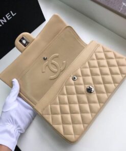 Chanel Classic Double Flap Bag Medium Crossbody 10in/ 25.5cm Beige Silver Hardware For Women - Image 5