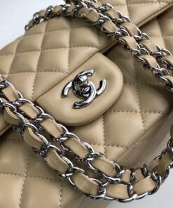 Chanel Classic Double Flap Bag Medium Crossbody 10in/ 25.5cm Beige Silver Hardware For Women - Image 8