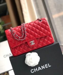 Chanel Classic Crossbody Bag 10in/ 25.5cm Red Silver Hardware For Women