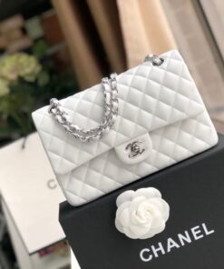 Chanel Classic Double Flap Bag Medium Crossbody 10in/ 25.5cm White Silver Hardware For Women