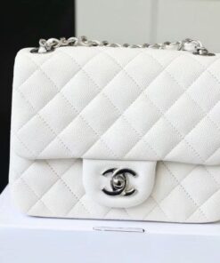 Chanel Classic Flap Bag Mini Crossbody 6.6in/ 17cm White Silver Hardware For Women