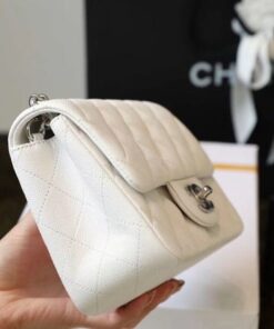 Chanel Classic Flap Bag Mini Crossbody 6.6in/ 17cm White Silver Hardware For Women - Image 3