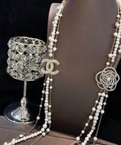 Chanel Multilayered Pearl And Camellia Long Necklace Gold Hardware For Women - Image 3