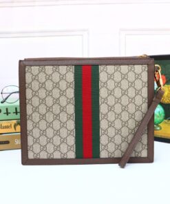 Gucci Ophidia Pouch With Web Beige And Ebony GG Supreme Canvas For Men 9in/24cm GG ‎672989 96IWT 8745 - Image 7