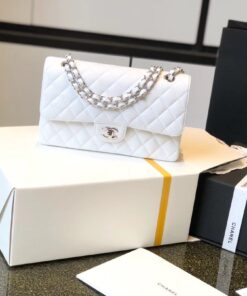 Chanel Classic Flap Bag Medium Crossbody 10in/ 25.5cm White Silver Hardware For Women - Image 7