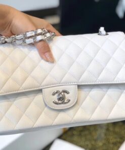 Chanel Classic Flap Bag Medium Crossbody 10in/ 25.5cm White Silver Hardware For Women - Image 6