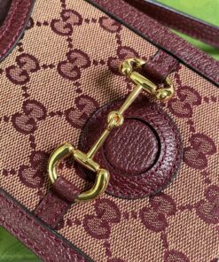 Gucci Horsebit 1955 Mini Bag Beige And Burgundy GG Supreme Canvas For Women 6.7in/17cm GG 625615F6B3G9865 - Image 3
