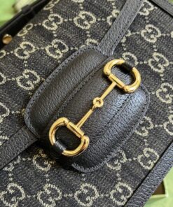 Gucci Horsebit 1955 Shoulder Bag Black And Ivory GG Denim Jacquard For Women 9.8in/25cm 602204 UN3BG 1274 - Image 3
