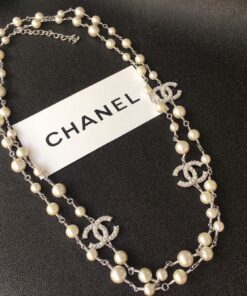 Chanel Double-CC Pearl Long Necklace Silver Hardware For Women - Image 4