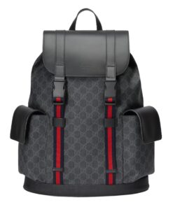 Gucci Black Backpack Black/Grey Soft GG Supreme Blue And Red Web For Men 16.5in/42cm 495563 K9R8X 1071