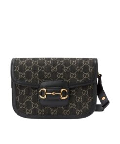 Gucci Horsebit 1955 Shoulder Bag Black And Ivory GG Denim Jacquard For Women 9.8in/25cm 602204 UN3BG 1274
