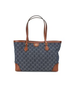 Gucci Ophidia GG Medium Tote Dark Blue And Ivory Eco Washed Organic GG Jacquard Denim  For Women 15in/38cm GG ‎631685 2KQGG 8375