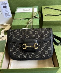 Gucci Horsebit 1955 Shoulder Bag Black And Ivory GG Denim Jacquard For Women 9.8in/25cm 602204 UN3BG 1274 - Image 6