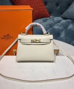 Hermes Kelly Mini Top Handle Bag 7.5in/ 19cm White Gold Toned Hardware For Women