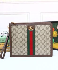 Gucci Ophidia Pouch With Web Beige And Ebony GG Supreme Canvas For Men 9in/24cm GG 672989 96IWT 8745