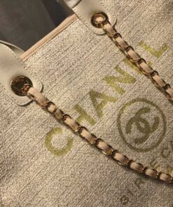 Chanel Deauville Tote Bag 15in/ 38cm Beige Tweed Canvas Gold Hardware For Women - Image 4