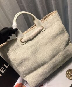 Chanel Deauville Tote Bag 15in/ 38cm Beige Tweed Canvas Gold Hardware For Women - Image 6
