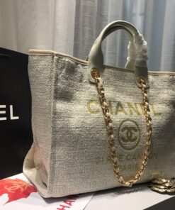Chanel Deauville Tote Bag 15in/ 38cm Beige Tweed Canvas Gold Hardware For Women - Image 5