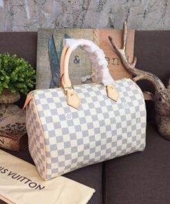 Louis Vuitton Speedy 30 Top Handle Bag 11.8in/ 30cm White/ Multicoloured Damier Azur Canvas Gold Hardware For Women N41370 - Image 4