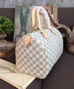 Louis Vuitton Speedy 30 Top Handle Bag 11.8in/ 30cm White/ Multicoloured Damier Azur Canvas Gold Hardware For Women N41370 - Image 5