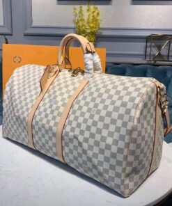 Louis Vuitton Keepall Bandouliere 55 Travel Bag 21.7in/ 55cm Damier Azur Gold Hardware N41429 - Image 10
