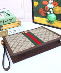 Gucci Ophidia Pouch With Web Beige And Ebony GG Supreme Canvas For Men 9in/24cm GG ‎672989 96IWT 8745 - Image 8