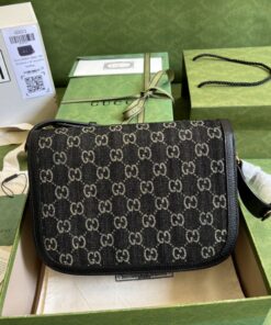 Gucci Horsebit 1955 Shoulder Bag Black And Ivory GG Denim Jacquard For Women 9.8in/25cm 602204 UN3BG 1274 - Image 7