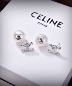 Celine Triomphe Pearl Earrings Silver For Women - Image 3