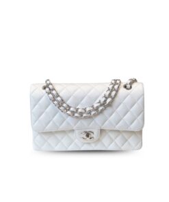 Chanel Classic Flap Bag Medium Crossbody 10in/ 25.5cm White Silver Hardware For Women