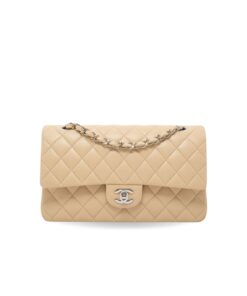 Chanel Classic Double Flap Bag Medium Crossbody 10in/ 25.5cm Beige Silver Hardware For Women
