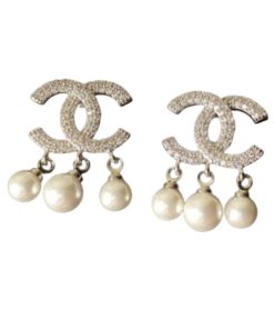 Chanel Crystal Three Pearl Earrings Gold For Women