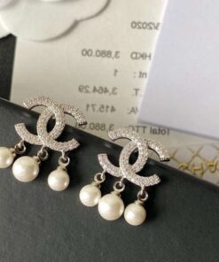 Chanel Crystal Three Pearl Earrings Gold For Women - Image 6