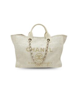 Chanel Deauville Tote Bag 15in/ 38cm Beige Tweed Canvas Gold Hardware For Women