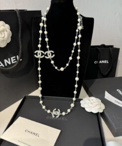 Chanel Double-CC Pearl Long Necklace Silver Hardware For Women - Image 5