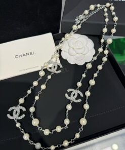 Chanel Double-CC Pearl Long Necklace Silver Hardware For Women - Image 6